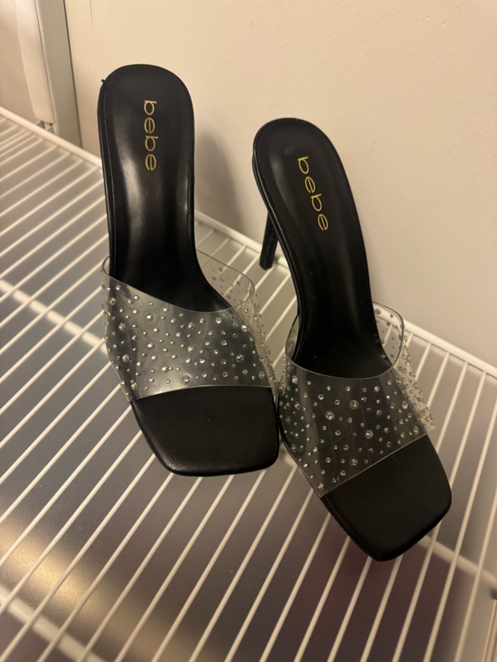 bebe Black Heeled Slide with Clear Crystal-Studded Strap